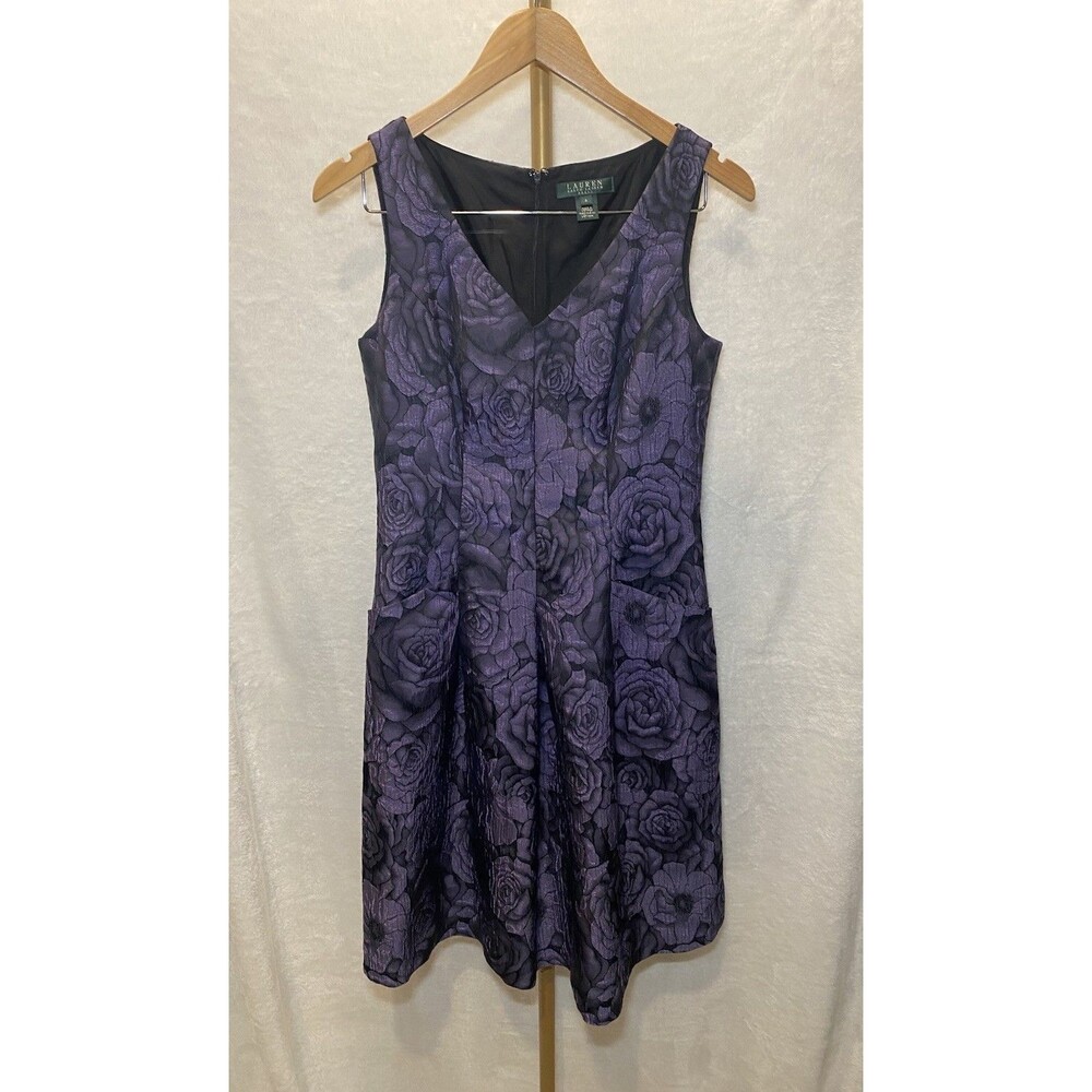 Lauren Ralph Lauren Purple Floral Rose Jacquard Fit Flare Cocktail Dress Pockets